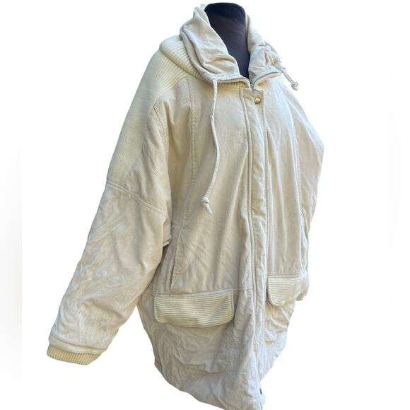 Vtg Oversized Corduroy Scandi Mixed Material Ribbed Quilted Winter Coat Womens L - Picture 1 of 12